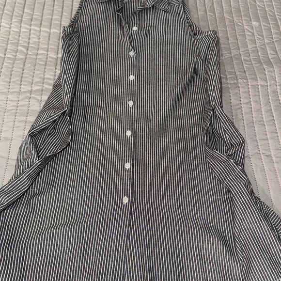 Mod Ref 100% cotton Linen look grayish black & white striped dress Sz small - Picture 7 of 11